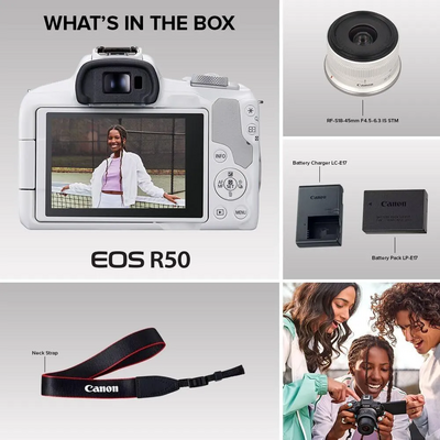 Canon EOS R50 RF-S18-45mm F4.5-6.3 IS STM Lens Kit (White) Image