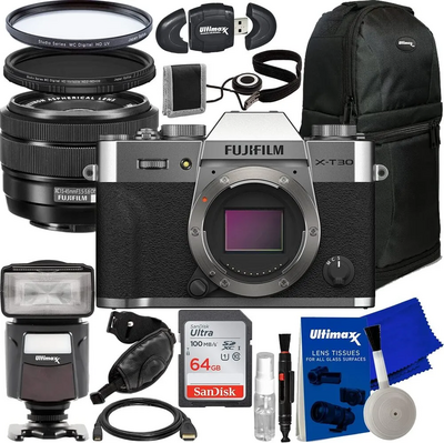 PhoenixPhoto | FUJIFILM Intl FUJIFILM X-T30 II Mirrorless  with XC 15-45mm OIS PZ Lens (Silver) + Starter Accessory Bundle Image