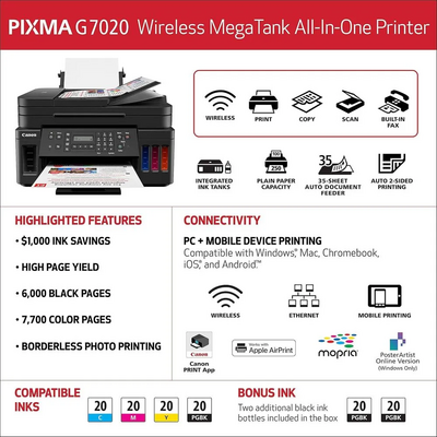 Canon PIXMA G7020 Wireless All-In-One Supertank Printer, Copier, Scan and F Image