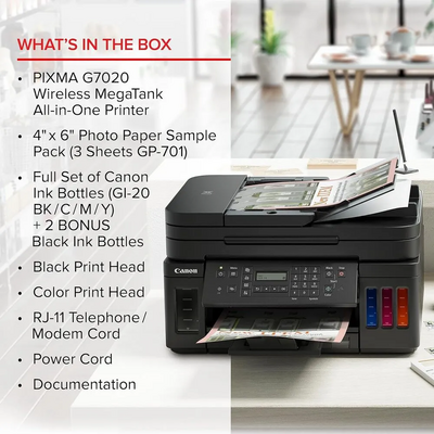 Canon PIXMA G7020 Wireless All-In-One Supertank Printer, Copier, Scan and F Image