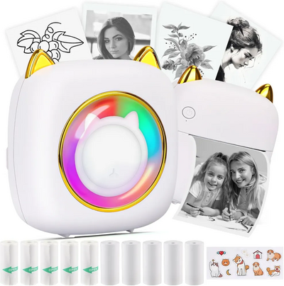 Unknown Brand Mini Sticker Printer with RGB Light ＆ 10 Rolls Thermal Paper Image