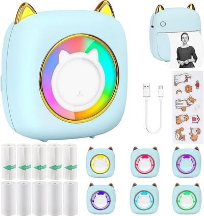 Unknown Brand Mini Sticker Printer with RGB Light ＆ 10 Rolls Thermal Paper Image